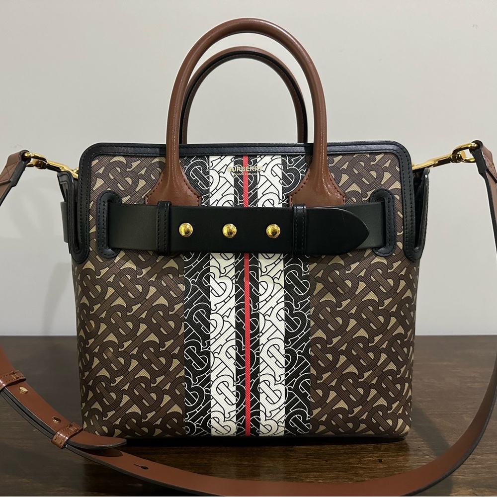 BURBERRY Monogram Stripe E-Canvas Tote Shoulder Bag Brown